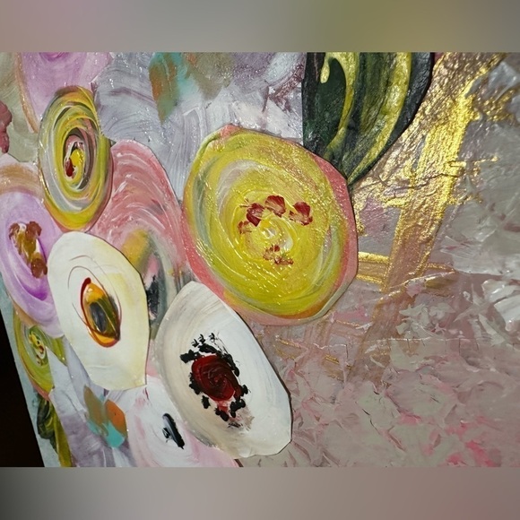 Original Art Painting Mixed Media Acrylic Collage on Canvas 12x16 Pink Floral - Picture 12 of 12